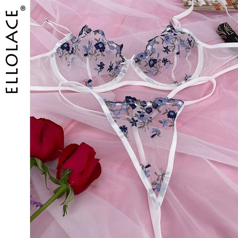 Ellolace Lingerie Sexy Women's Underwear Floral Embroidery Erotic Lingerie Set Lace Transparent Sexy Things Female Underwear Set