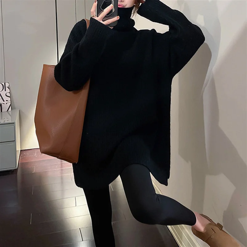 Churchf Churchf Wind Autumn Winter New High Collar Sweater Long Sleeve Solid Color In The Long Money Female Jacket Versatile Show Thin Female Sweater Female