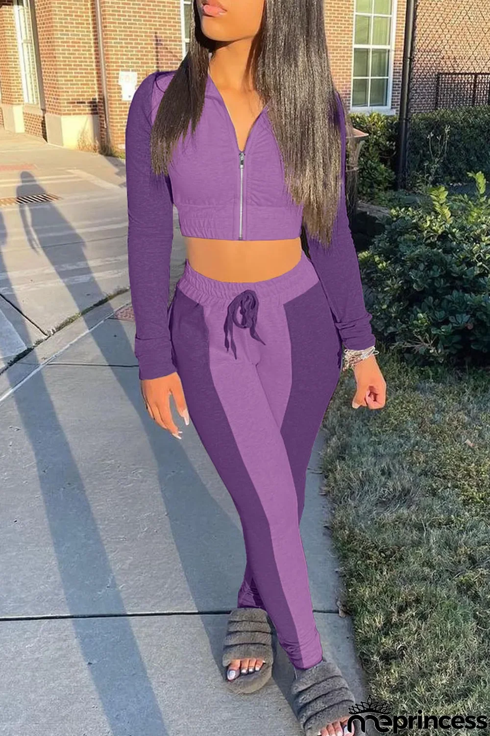 Purple Casual Solid Split Joint Zipper Zipper Collar Long Sleeve Two Pieces