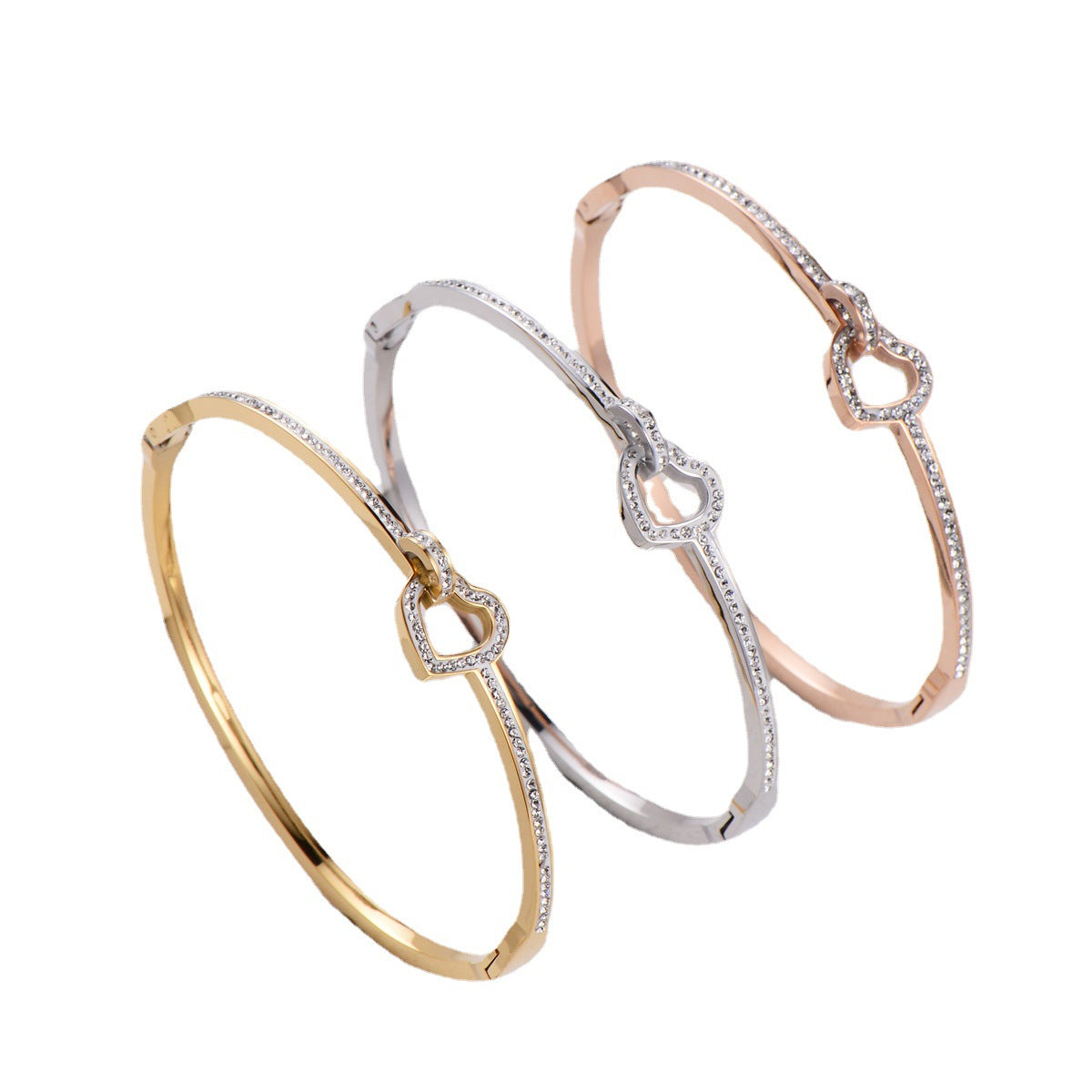 Fashion Women Diamond Heart Titanium Steel Polishing Bangles2