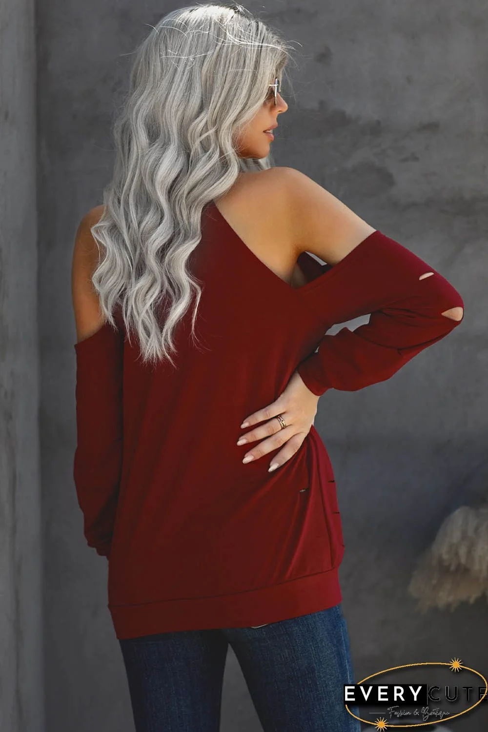 Valentine Be Kind Heart Print Ripped Cold Shoulder Top