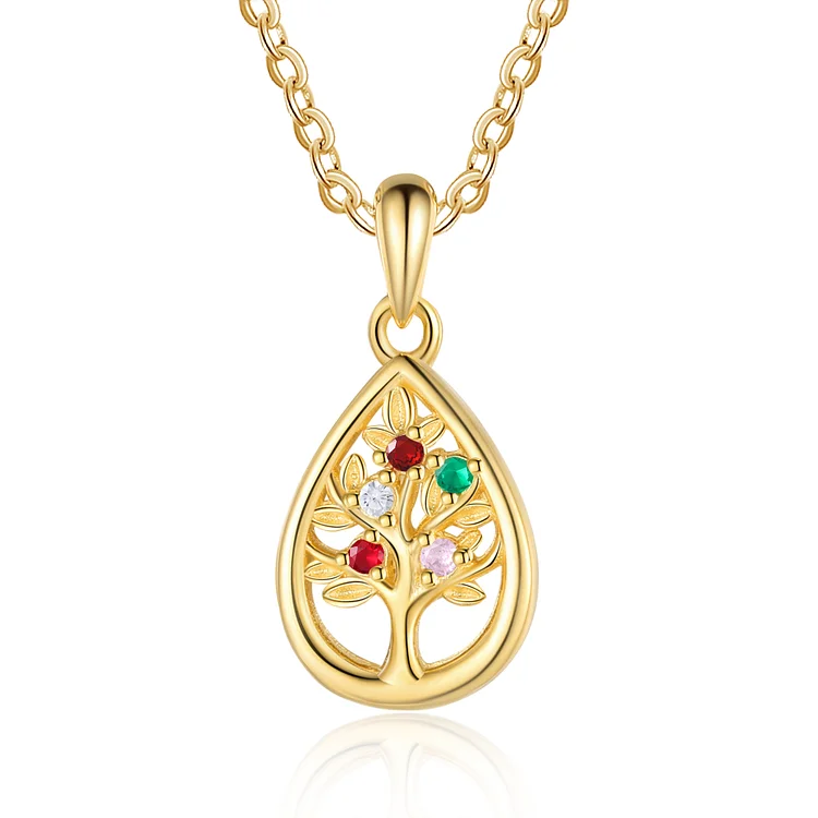 Personalized Women's Necklace Custom 5 Birthstones Teardrop Family Tree Pendant Necklace Birthday Gift for Her