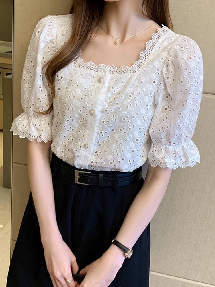 Korean Vintage Square Collar White Shirt Women Short Sleeve Hollow Out Elegant Blouse Women Clothes Lace Loose Tops Blusas 13934