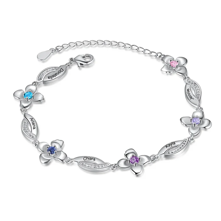 Flowers Bracelet Personalized 5 Birthstone Bracelet Engraved Names Flowers Charm Gifts For Her