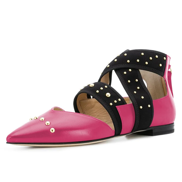 Hot Pink Pointy Toe Comfortable Flats Cross Strap Studs Shoes |FSJ Shoes