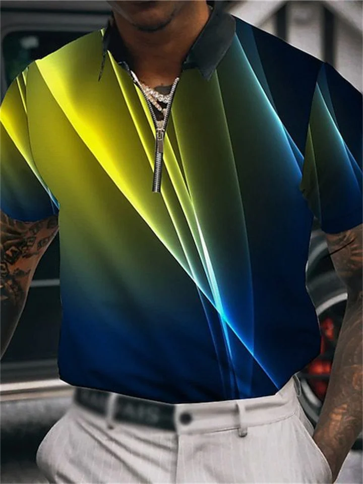 Zipper Short Sleeve Polo Shirt Gradient Pattern 3D Print Black-Mixcun