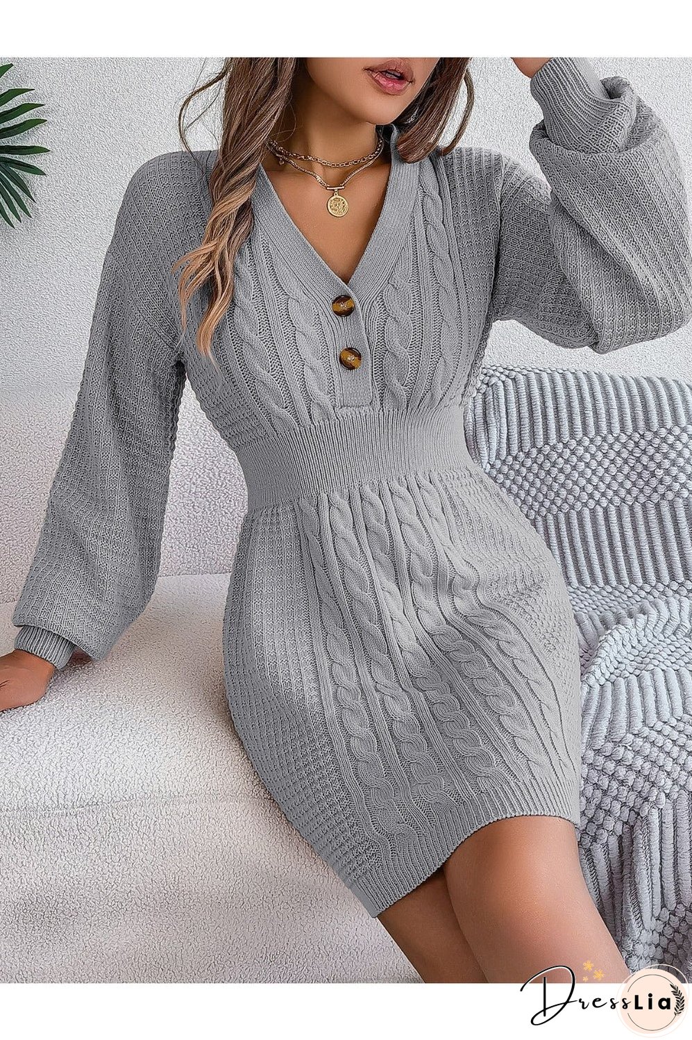 Buttoned Cable-Knit V-Neck Sweater Dress