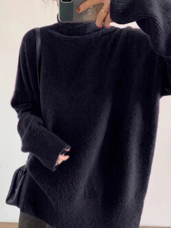 Casual Long Sleeves Loose Solid Color High-Neck Sweater Tops