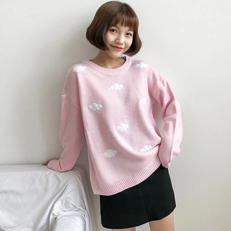 Kawaii Ulzzang Vintage College Loose Clouds Sweater Women Female Korean Punk Thick Cute Loose Harajuku Clothing For Women 10897