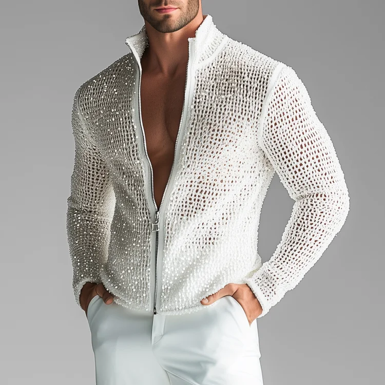 Okaywear Stand Collar Sequins Kint Crochet Jacket Okaywear