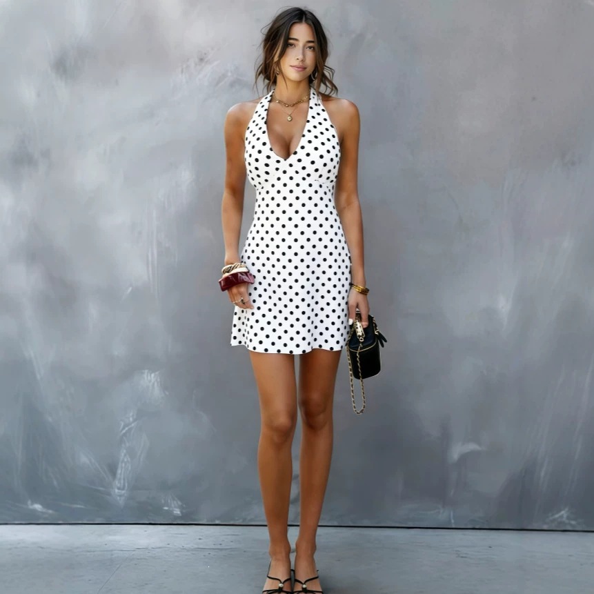 Women&rsquo;s Black Polka Dot Halter Neck A-Line Mini Dress