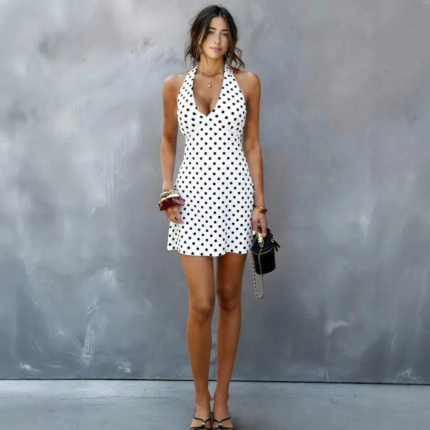 Women&rsquo;s Black Polka Dot Halter Neck A-Line Mini Dress