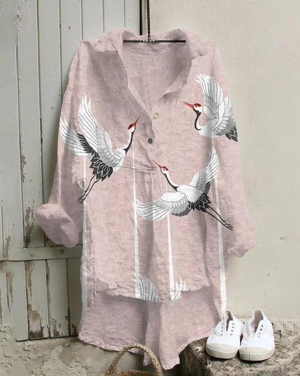 Japanese Flying Crane Art Painting Cotton And Linen Tunic Shirt