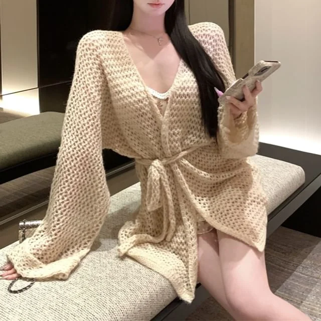 Plain Mini V-Neck Bodycon / Print Spaghetti Strap Flower Dress Cardigan Crochet