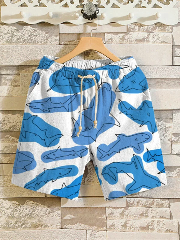 Men's Cartoon Shark Pattern Casual Shorts