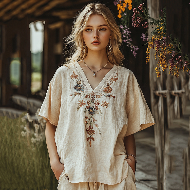 Utbros Women's Bohemian Flowers Art Casual Linen Top