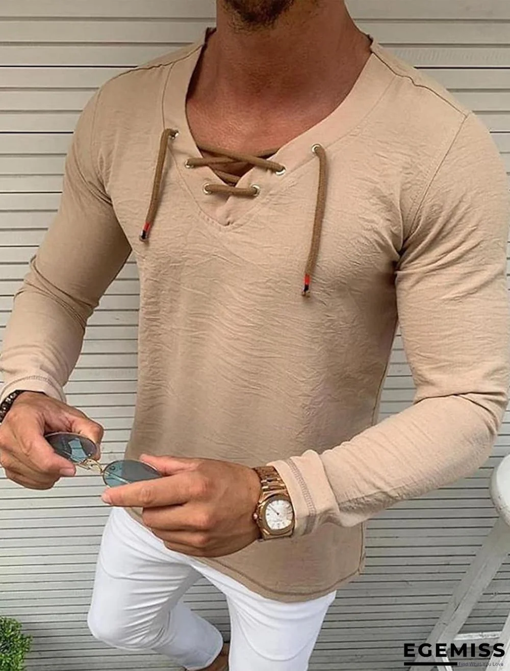 Men's Shirt Solid Colored Drawstring Long Sleeve Casual Tops Casual Fashion Breathable Comfortable White Black Khaki | EGEMISS