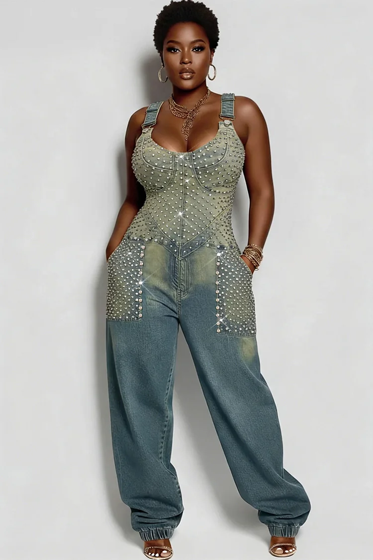Xpluswear Design Plus Size Festival Light Blue Drilling Casual Denim Jumpsuits [Pre-Order] 2024 - Xpluswear