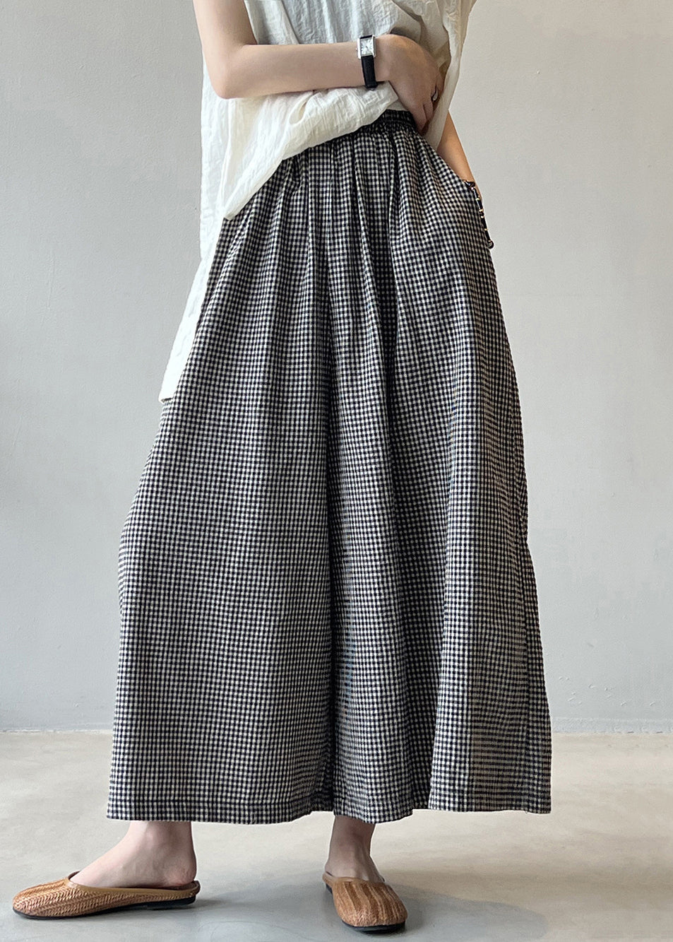 VCSHOES Plaid Pockets Elastic Waist Cotton Crop Pants Summer