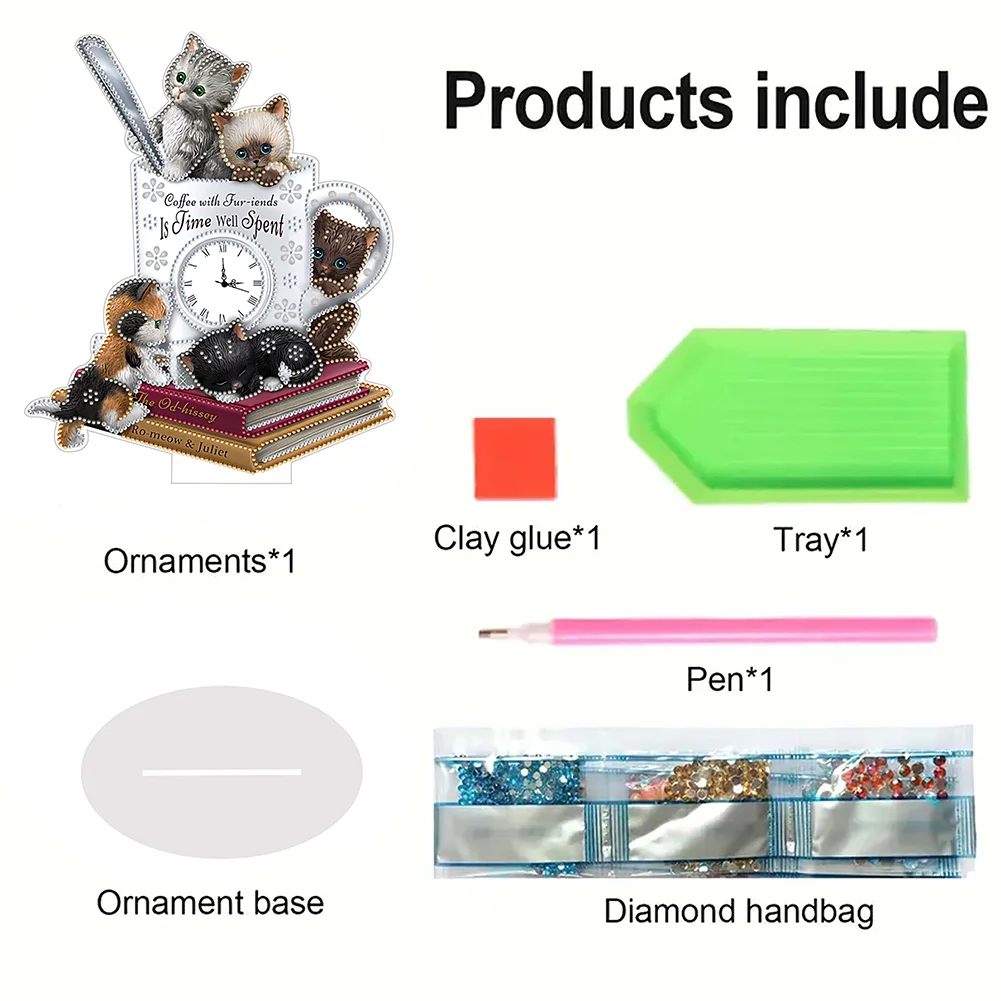 DIY Cat Teacup Acrylic Special Shaped 5D Diamond Painting Clock Art Craft
