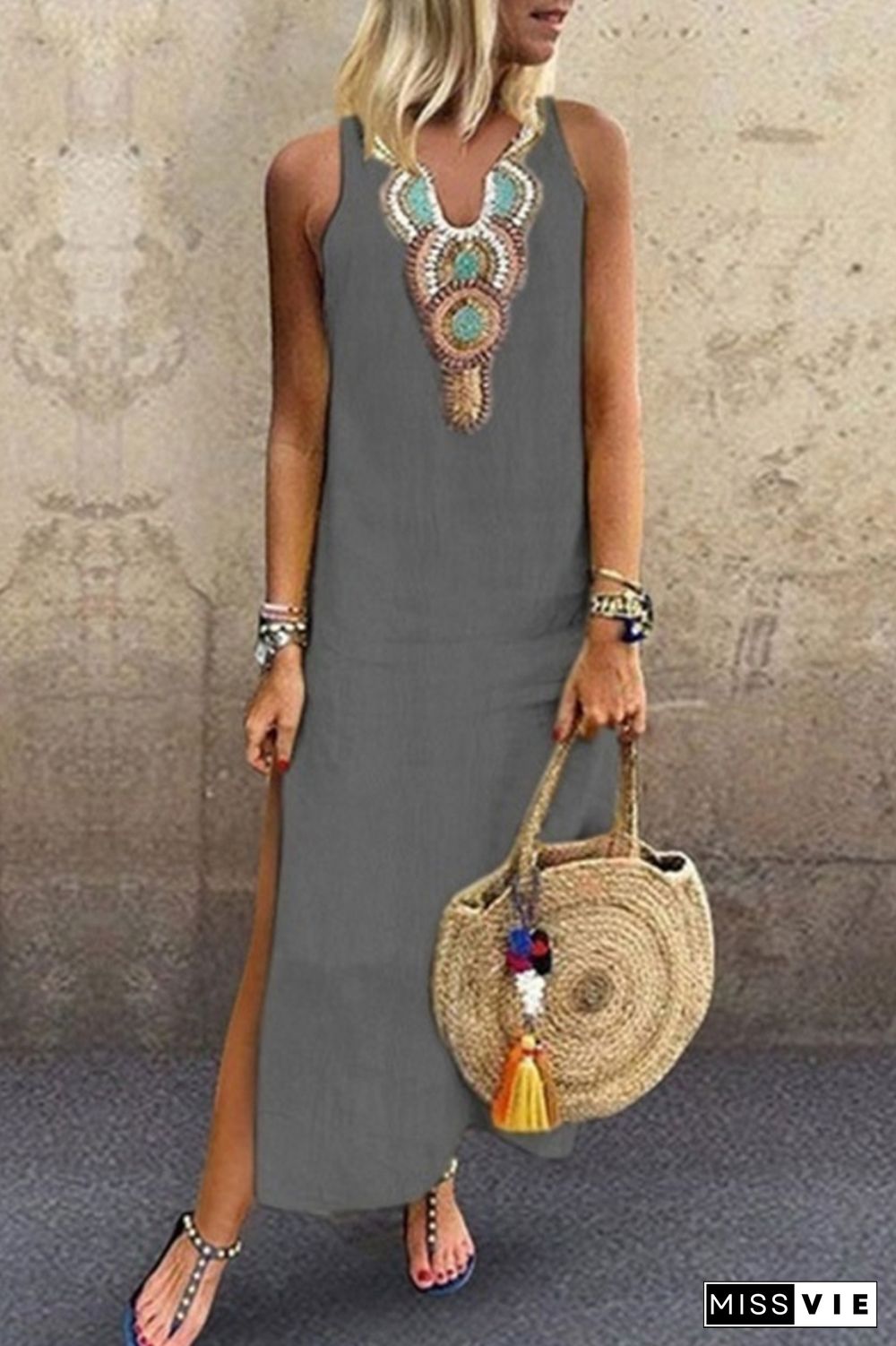 Casual Print Slit V Neck A Line Dresses(7 Colors)