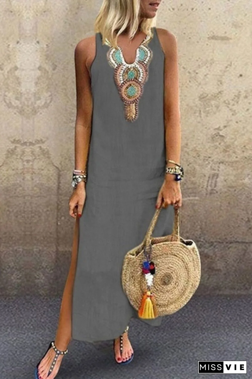 Casual Print Slit V Neck A Line Dresses(7 Colors)