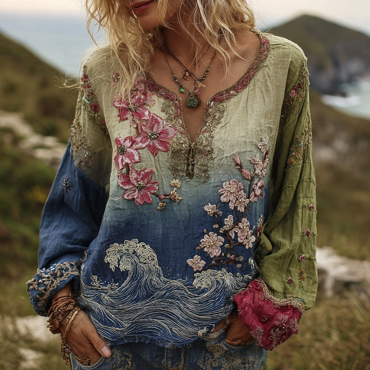 Vintage Gradient Japanese Sakura Cherry Blossoms And Sea Wave Embroidered Pattern Linen Long Sleeve Shirt