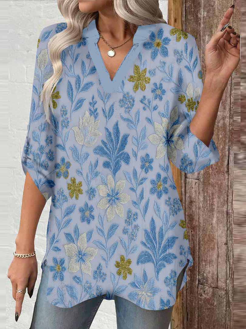 Women Floral, Blue DZGA0207 3/4 Sleeve V-neck Printed Graphic Button Tops