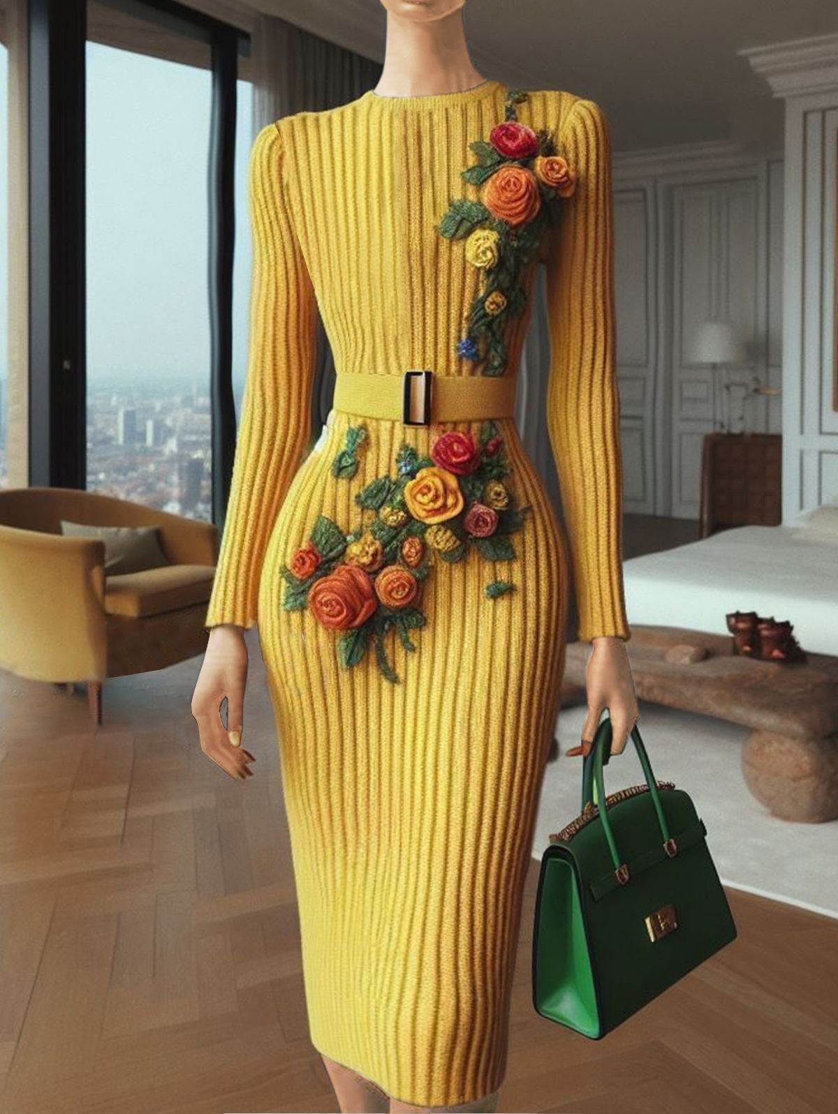 Ursime Stereo Floral Long Sleeve Belt Knitted Midi Dress