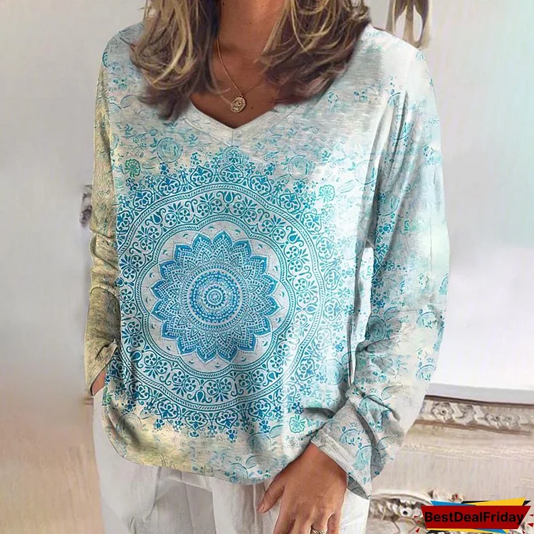 Mandala Printed Comfortable Long-Sleeved T-shirt