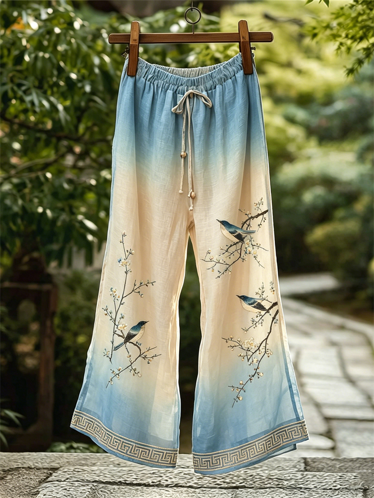 Comstylish Classy Birds Floral Gradient Flowy Linen Pants