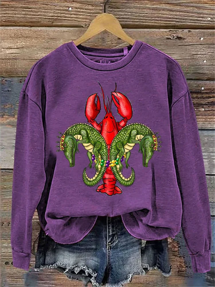 Comstylish Women's Mardi Gras Crawfish And Crocodile Print Sweatshirt