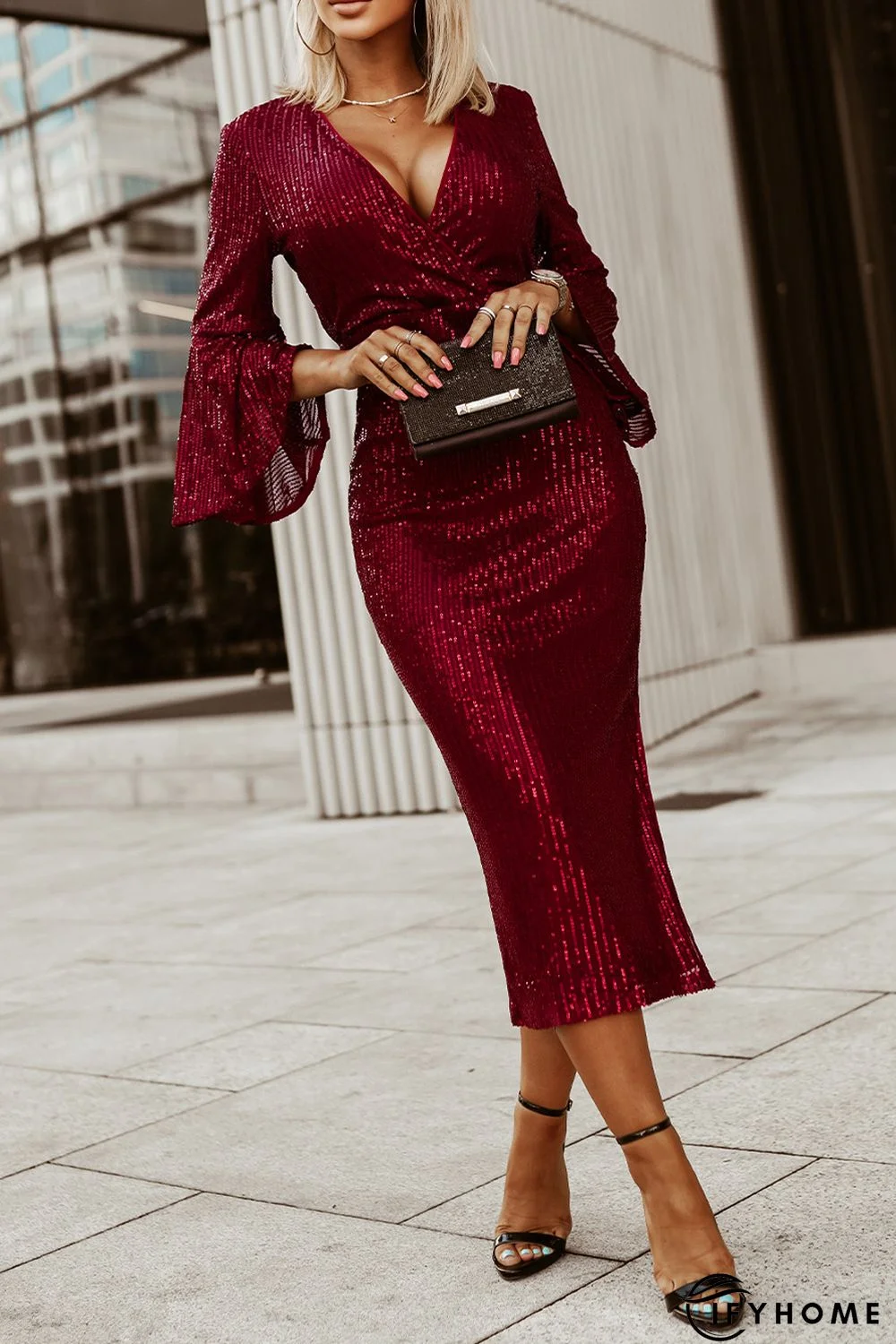 Red Deep V Neck Bell Sleeve Sequin Dress | IFYHOME