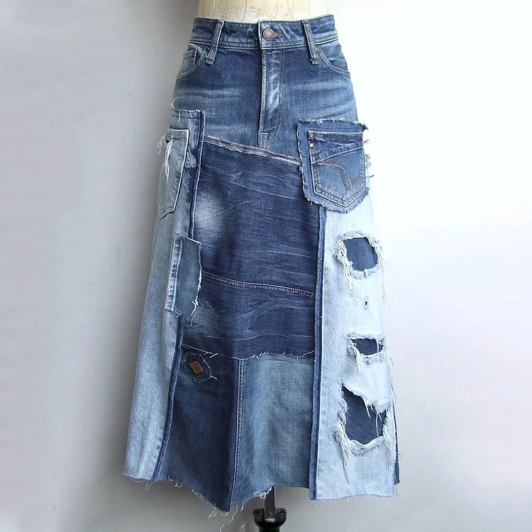 Casual Denim Patchwork Raw Edge High Rise Maxi Skirt