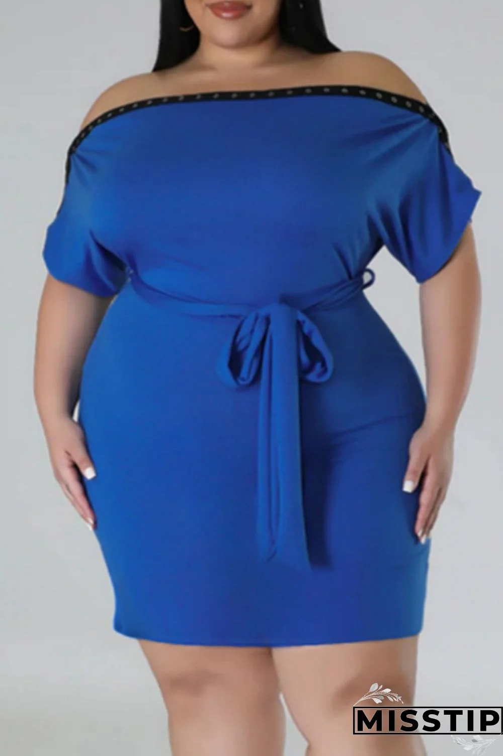 Blue Casual Solid Patchwork Off the Shoulder Short Sleeve Dress Plus Size Dresses
