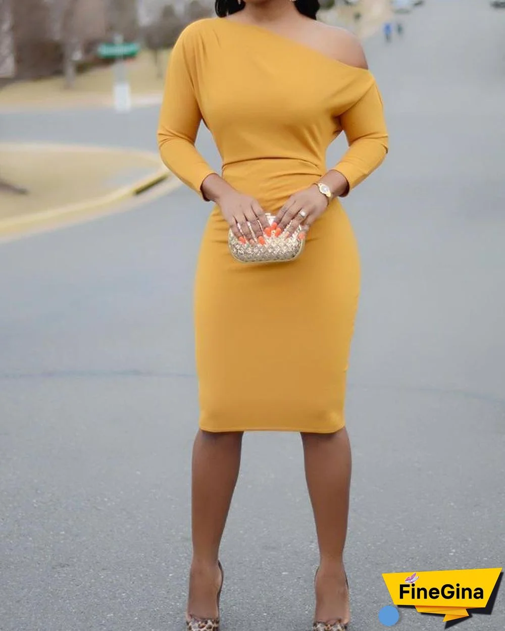 Solid Skew Neck Bodycon Dress P15278