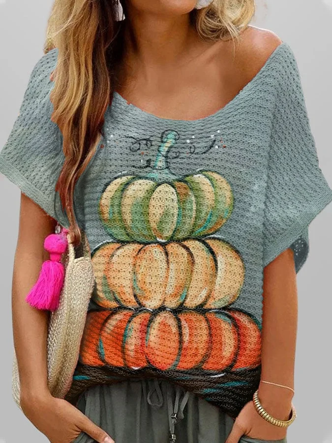 Women's Autumn Stacked Pumpkin Print T-Shirt