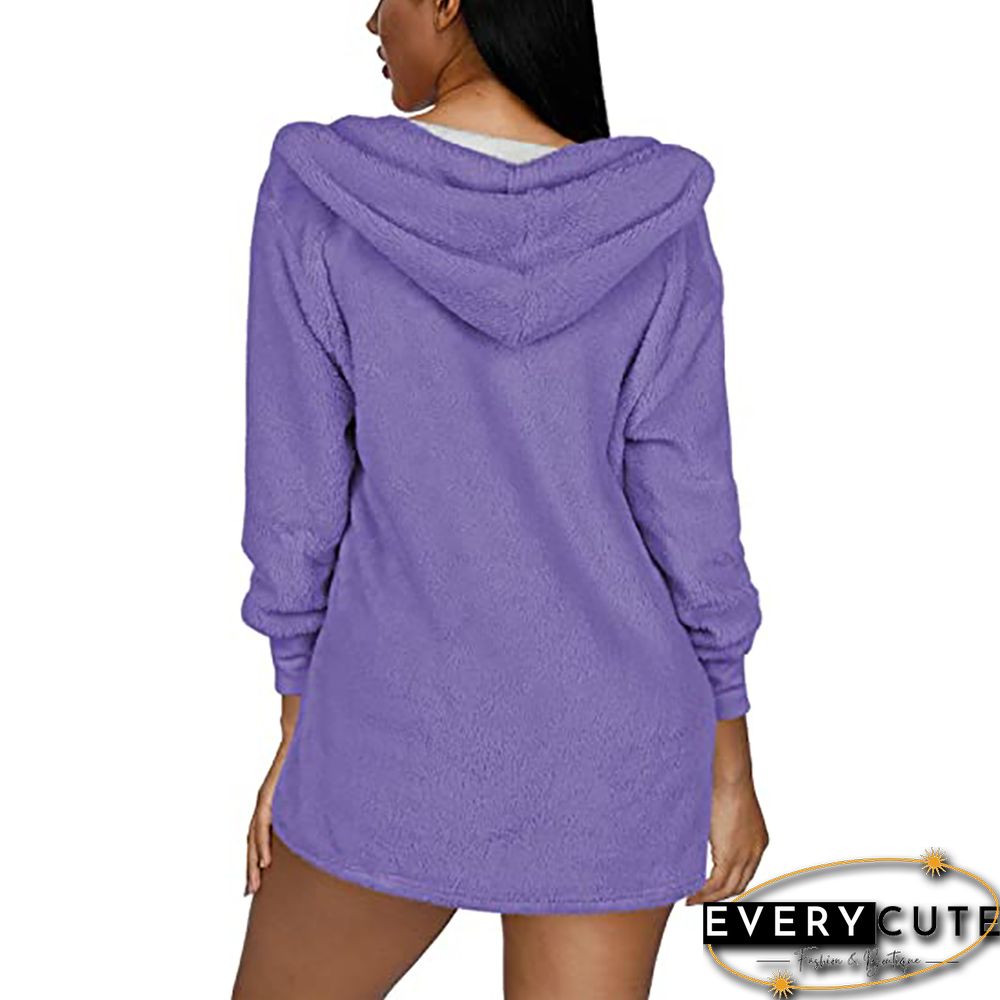 Purple Plush Hoodie with Shorts and White Vest 3pcs Set