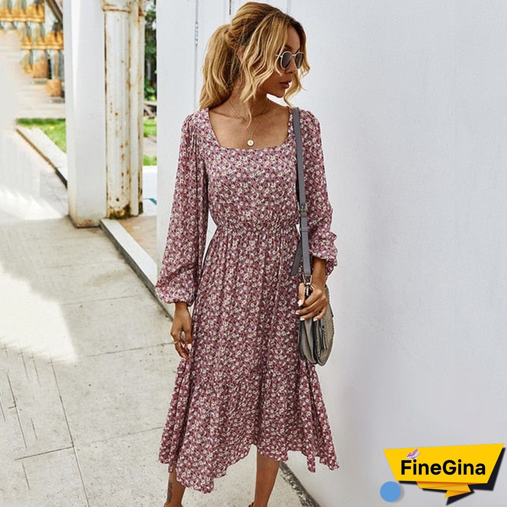 Women Long Dress Autumn Winter Long Sleeve Elegant Ladies Flower Square Collar Dresses Party Black Clothes For Woman