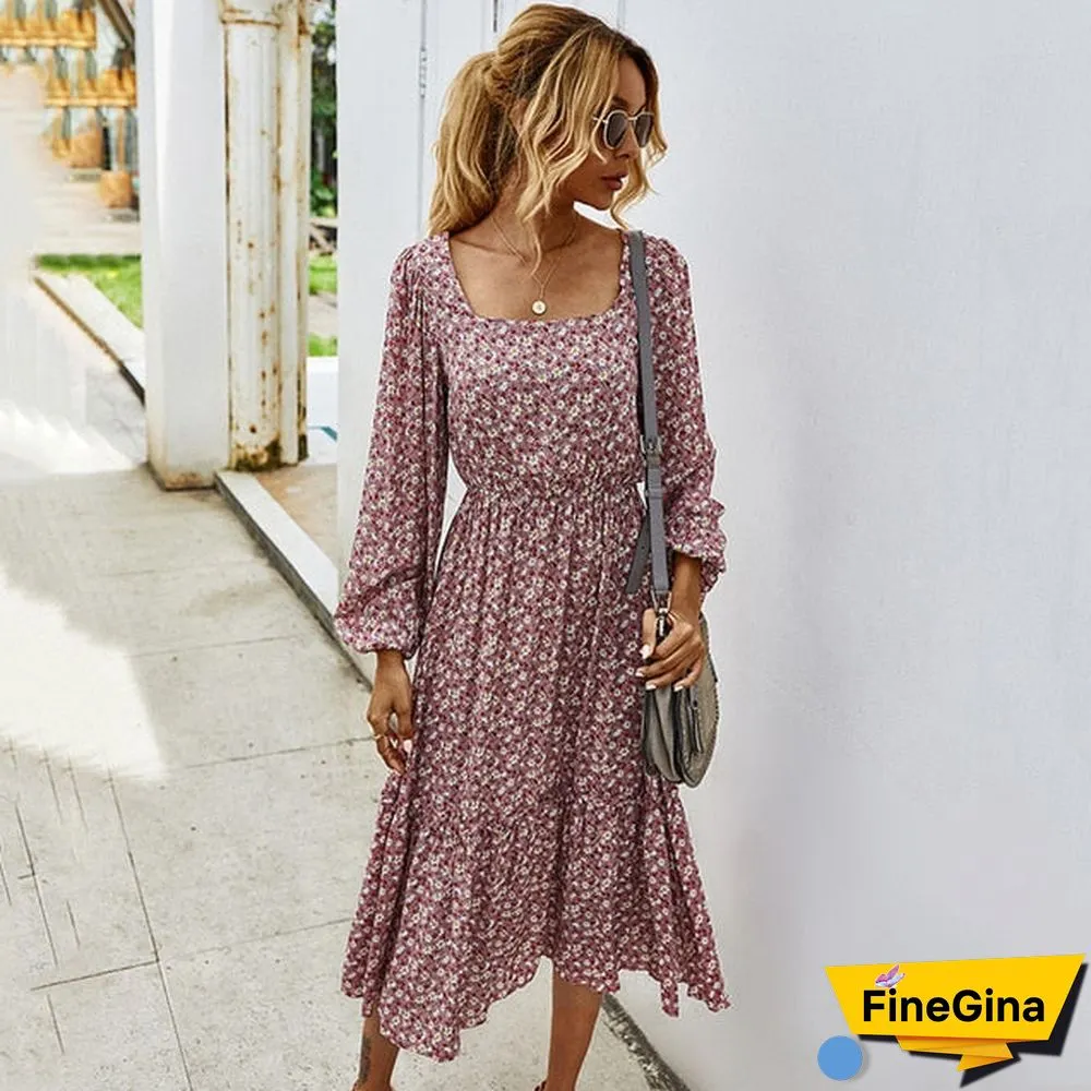 Women Long Dress Autumn Winter Long Sleeve Elegant Ladies Flower Square Collar Dresses Party Black Clothes For Woman