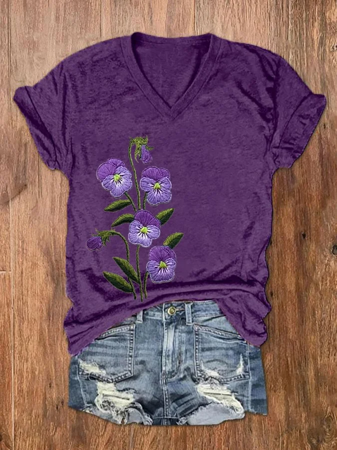 Women's Purple Flower Alzheimer's Awareness Support Printed V-Neck Tee socialshop