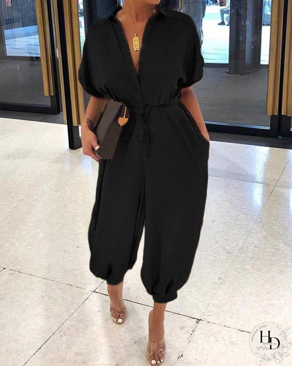 Solid Color Fold-Over Collar Single-Breasted Short-Sleeved Jumpsuit