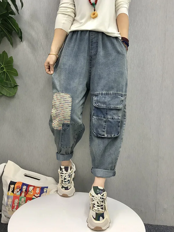 Original Patch Split-Joint Large Pocket Loose Harem Jean Pants