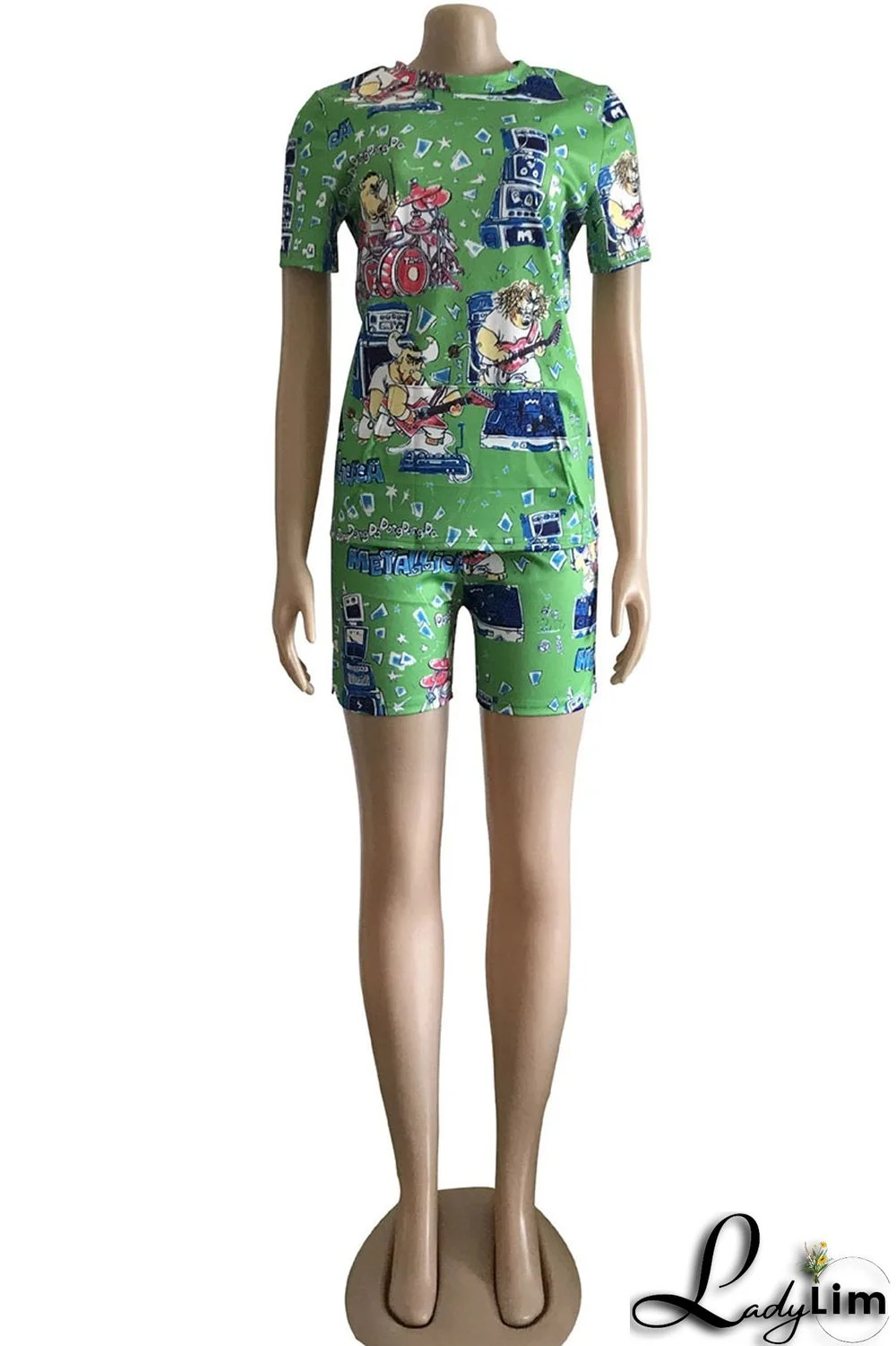 Green Street Print Patchwork O Neck Short Sleeve Two Pieces