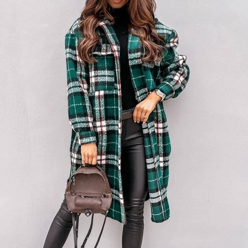 Autumn Winter Women Long-Sleeved Plaid Printed Shirt Jacket Fashion Loose Turn Down Collar Single-Breasted Long Shirt Coat Femme