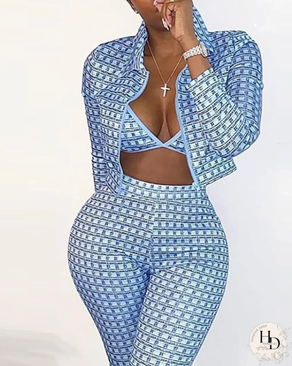Colorblock Bra & Long Sleeve Coat & Skinny Pants Set P10922