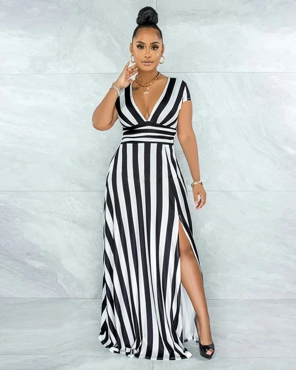 🔥Women's Wardrobe Essentials✨🎁Sexy Striped High Waist Maxi Dress