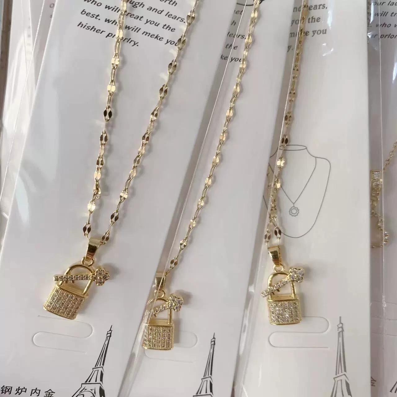 Lock and key zirconia gold plated necklace