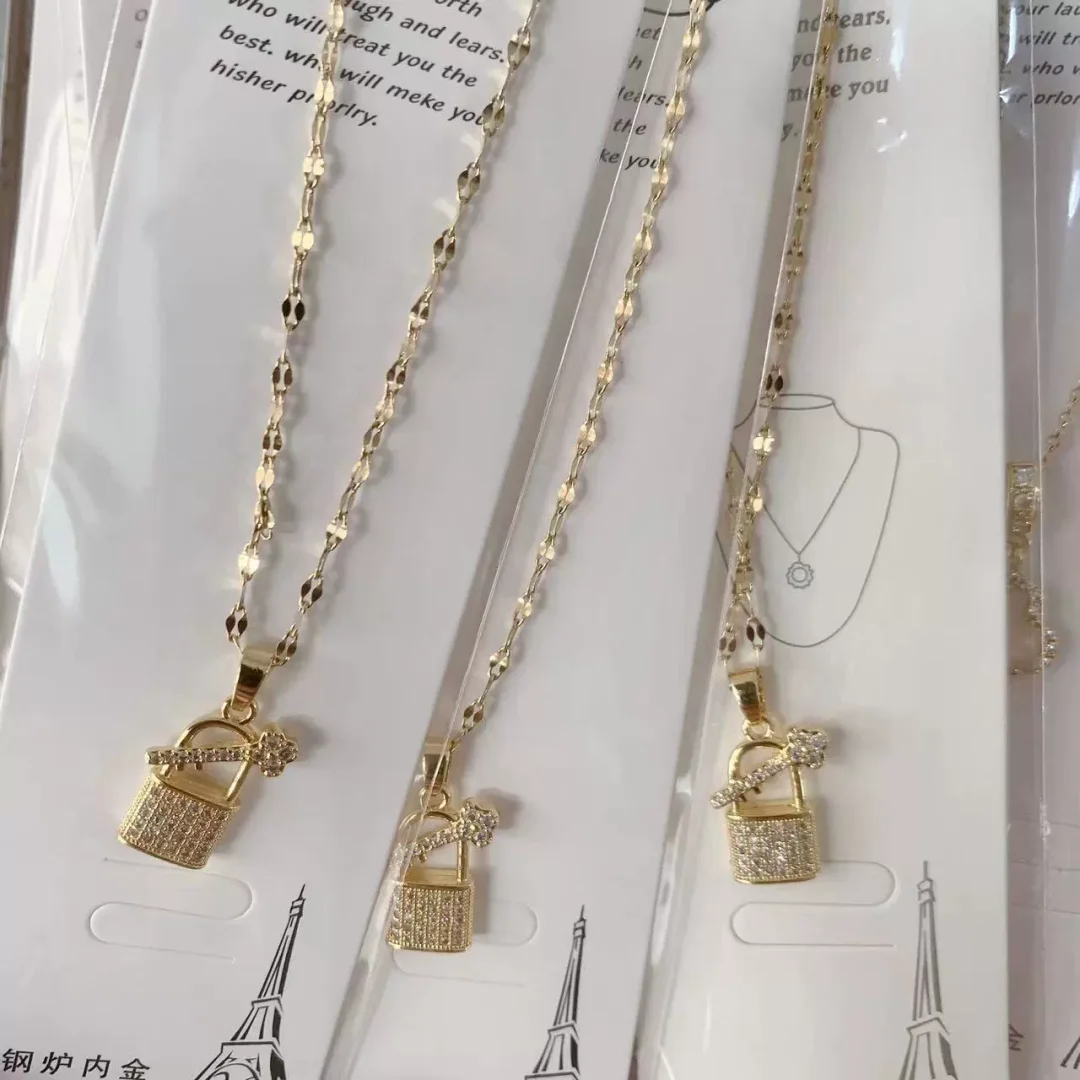Lock and key zirconia gold plated necklace