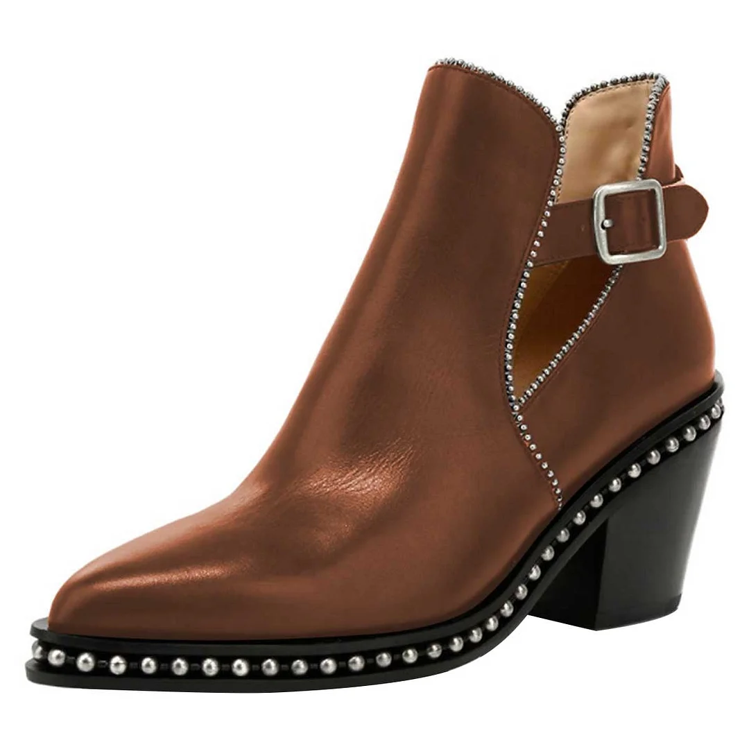 Women's Studded Chunky Heel Ankle Strap Pointed Toe Brown Ankle Boots